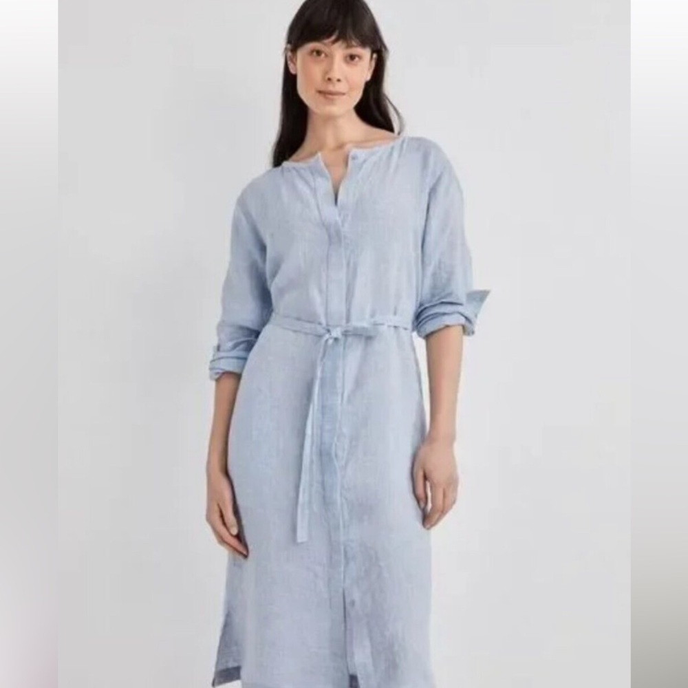 Haven Well Within Linen Belted Shirt Dress in light blue.